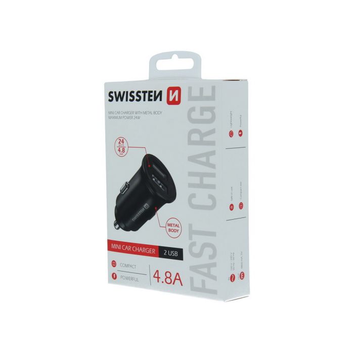 SWISSTEN punjač za auto, 2xUSB, 4.8A, 12-24V, metalic, crni