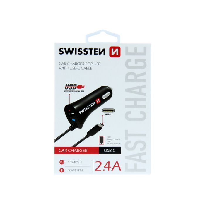 SWISSTEN punjač za auto, 1xUSB-C, 1xUSB + USB-C kabel, crni