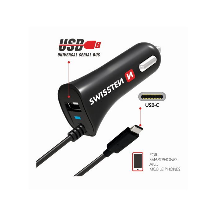 SWISSTEN punjač za auto, 1xUSB-C, 1xUSB + USB-C kabel, crni