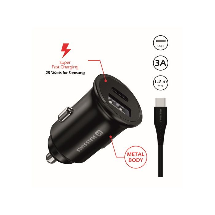 SWISSTEN punjač za auto, 1xUSB-C, 1xUSB, CL PRO Supe Fast 35W + USB-C kabel 1.2m