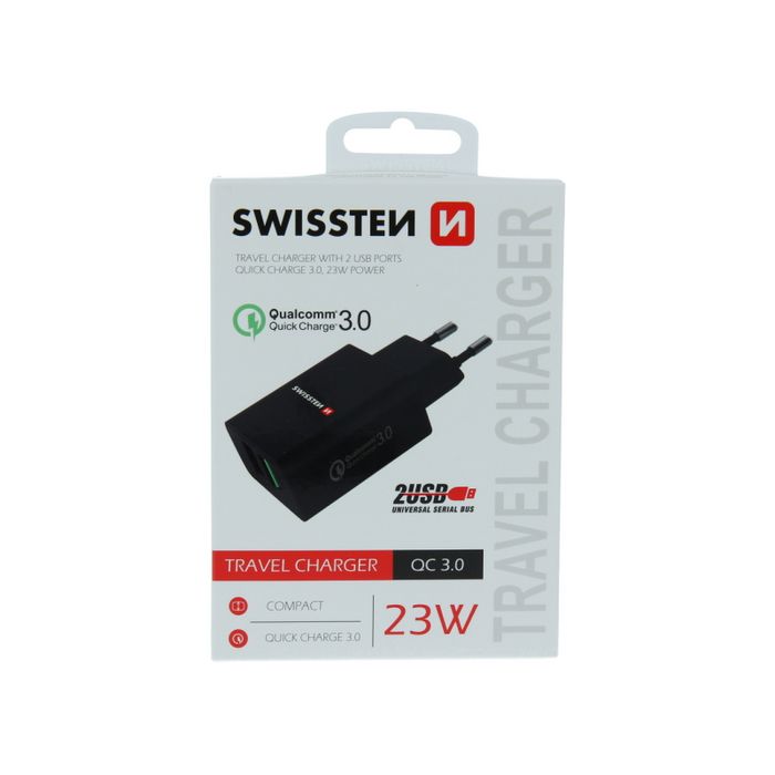 SWISSTEN punjač za AC220, 2xUSB, QUALCOMM 3.0, brzi, 23W, crni