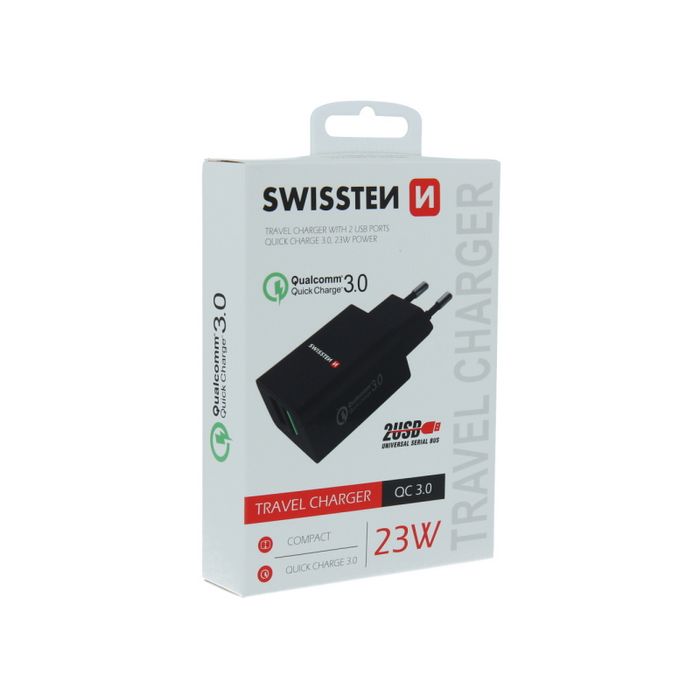 SWISSTEN punjač za AC220, 2xUSB, QUALCOMM 3.0, brzi, 23W, crni