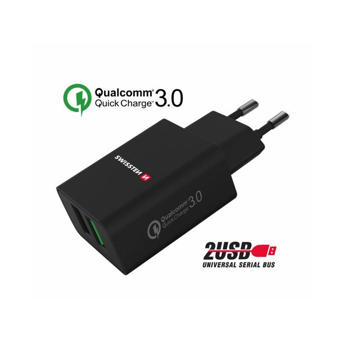 SWISSTEN punjač za AC220, 2xUSB, QUALCOMM 3.0, brzi, 23W, crni