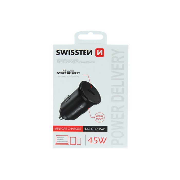 SWISSTEN punjač za auto, 1xUSB-C, 5.5A, Super Fast PD3.0 45W, crni