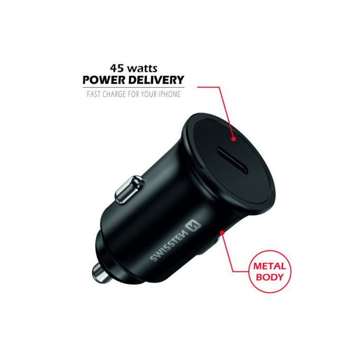 SWISSTEN punjač za auto, 1xUSB-C, 5.5A, Super Fast PD3.0 45W, crni