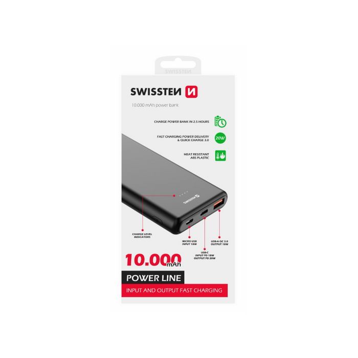 Dodatna baterija - Power Bank SWISSTEN 10000mAh, QC 3.0, USB-C, crna