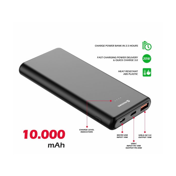Dodatna baterija - Power Bank SWISSTEN 10000mAh, QC 3.0, USB-C, crna