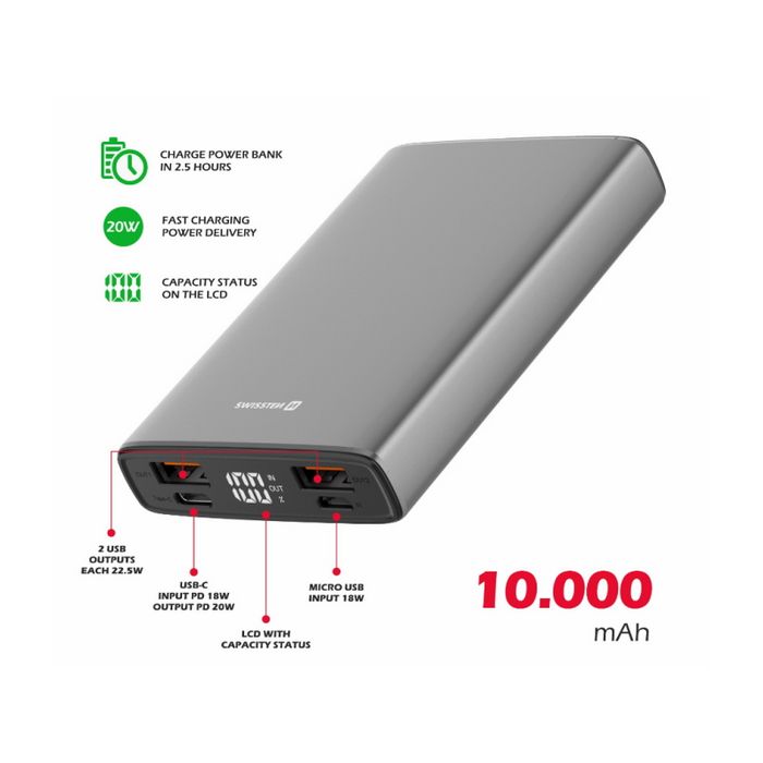 Dodatna baterija - Power Bank SWISSTEN 10000mAh, USB, USB-C, microSD, aluminij