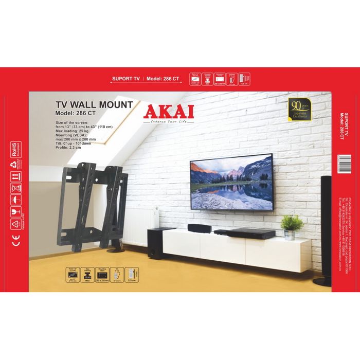 AKAI zidni nosač za TV 33-43", do 25Kg, VESA 200x200, libela, nagib 286CT