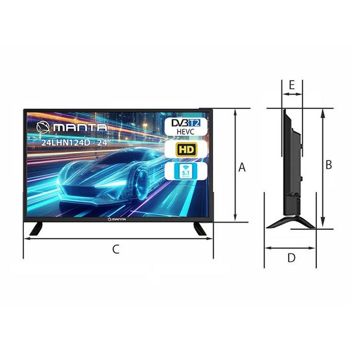 MANTA TV LED 24" HD, 220V+12V, HDMI, USB, CI+, COAX, miniAV, DVB-C/T2 24LHN124D
