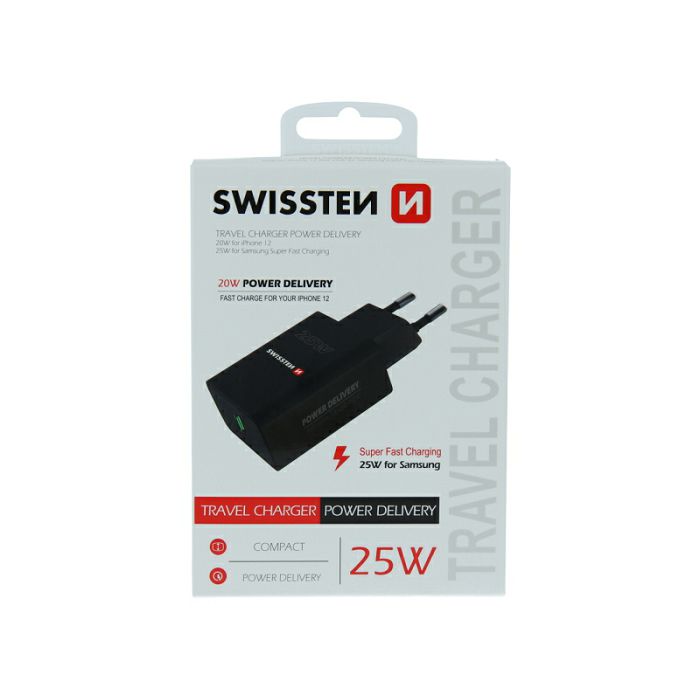 SWISSTEN punjač za AC220, 1xUSB-C, PD 25W, za iPhone i Samsung, crni