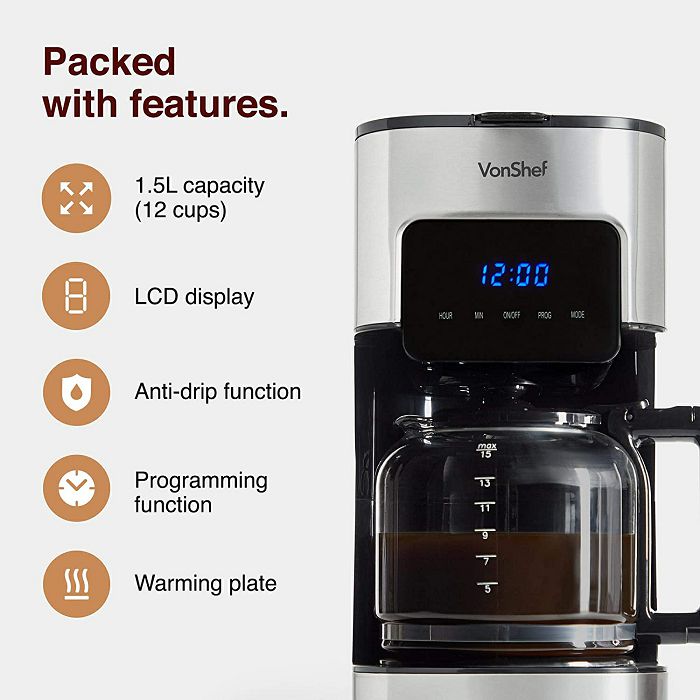 VonShef 1.5L filter coffee maker stainless steel