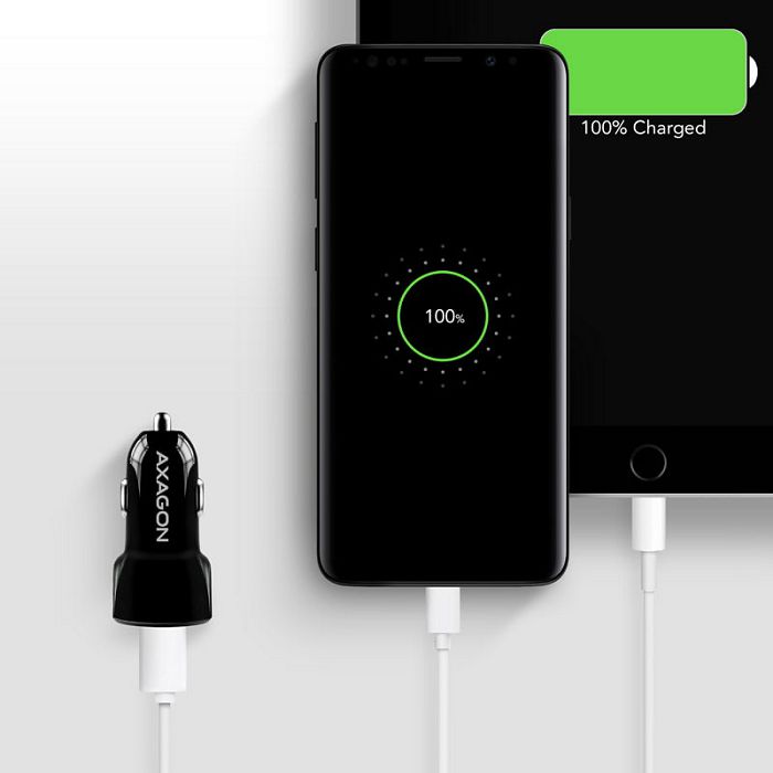 AXAGON PWC-QC5 car charger, 1x USB-A QC 3.0 + 1x USB-A SmartCharge, 31.5 W, CL plug - black PWC-QC5