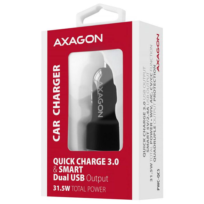 AXAGON PWC-QC5 car charger, 1x USB-A QC 3.0 + 1x USB-A SmartCharge, 31.5 W, CL plug - black PWC-QC5