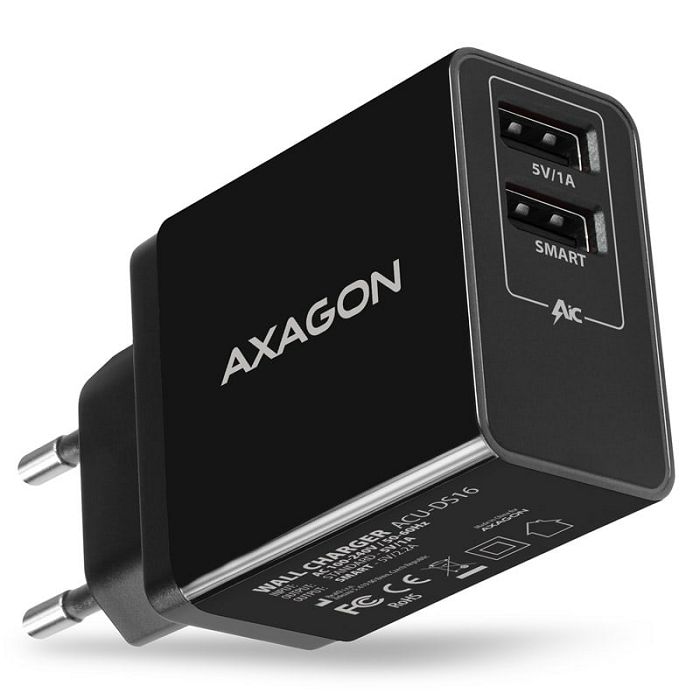 AXAGON ACU-DS16 Ladegerät, 2x USB-A, Smart 5V 1,2A, 16W - schwarz ACU-DS16