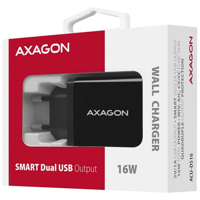 AXAGON ACU-DS16 Ladegerät, 2x USB-A, Smart 5V 1,2A, 16W - schwarz ACU-DS16