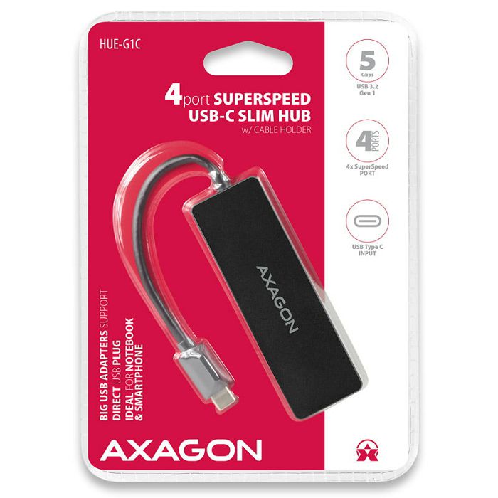 AXAGON HUE-G1C Superspeed USB-C Slim Hub, 4x USB 3.0 - 14cm, schwarz HUE-G1C