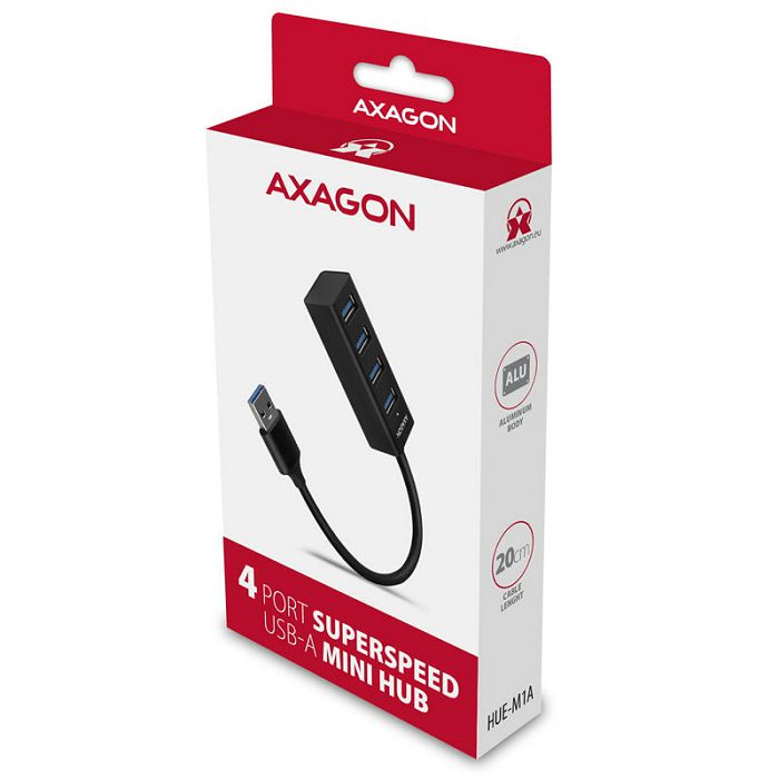 AXAGON HUE-M1A Superspeed USB-A Mini Hub, 4x USB 3.0 - 20cm, schwarz HUE-M1A