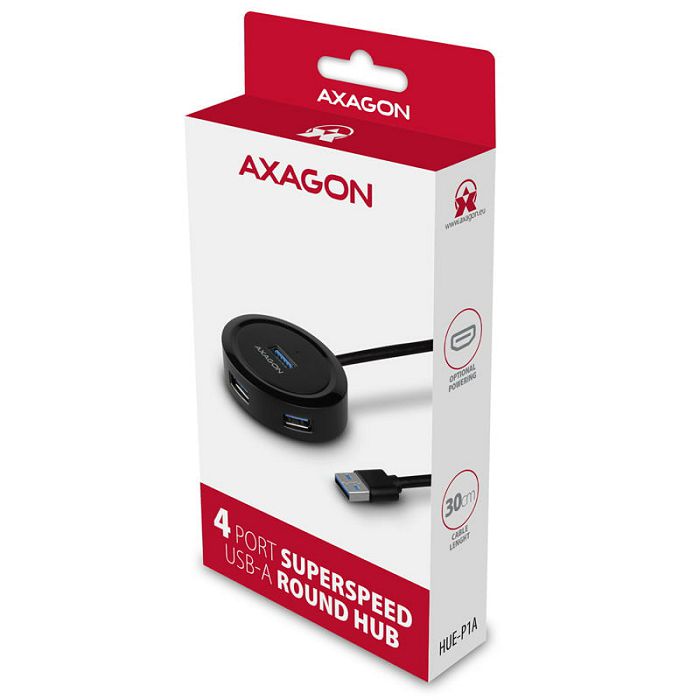 AXAGON HUE-P1A USB-A-Hub, 4x USB 3.0, externe Stromversorgung - 30 cm HUE-P1A