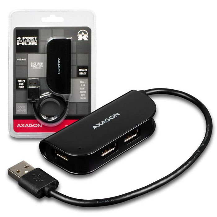 AXAGON HUE-X4B USB-A-Hub, 4x USB 2.0 - 20 cm, schwarz HUE-X4B