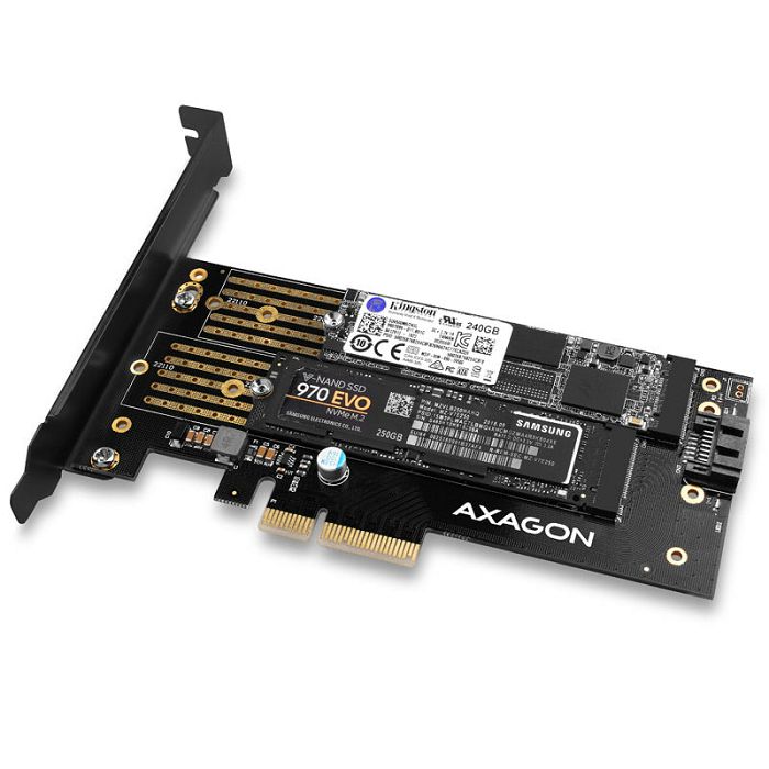 AXAGON PCEM2-D PCIe 3.0 adapter, 1x M.2 NVMe, 1x M.2 SATA, up to 22110 - passive cooling PCEM2-D