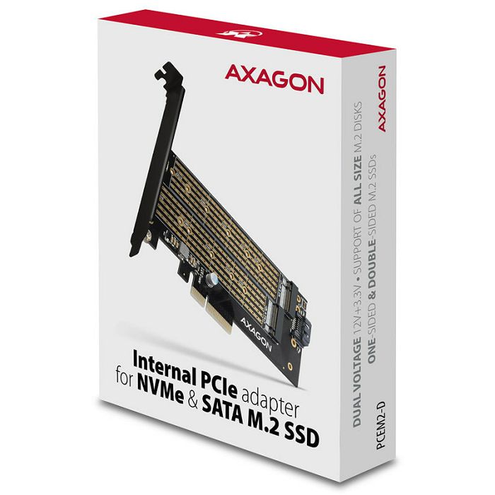 AXAGON PCEM2-D PCIe 3.0 adapter, 1x M.2 NVMe, 1x M.2 SATA, up to 22110 - passive cooling PCEM2-D