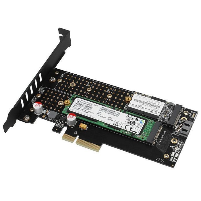 AXAGON PCEM2-DC PCIe-3.0-x4-Adapter, 1x M.2-NVMe, 1x M.2-SATA, bis 22110 - aktive Kühlung PCEM2-DC