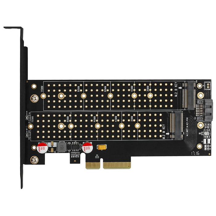 AXAGON PCEM2-DC PCIe-3.0-x4-Adapter, 1x M.2-NVMe, 1x M.2-SATA, bis 22110 - aktive Kühlung PCEM2-DC