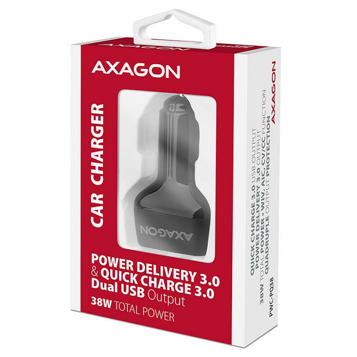 AXAGON PWC-PQ38 car charger, 1x USB-A QC 3.0 + 1x USB-C PD, 38W, CL plug - black PWC-PQ38
