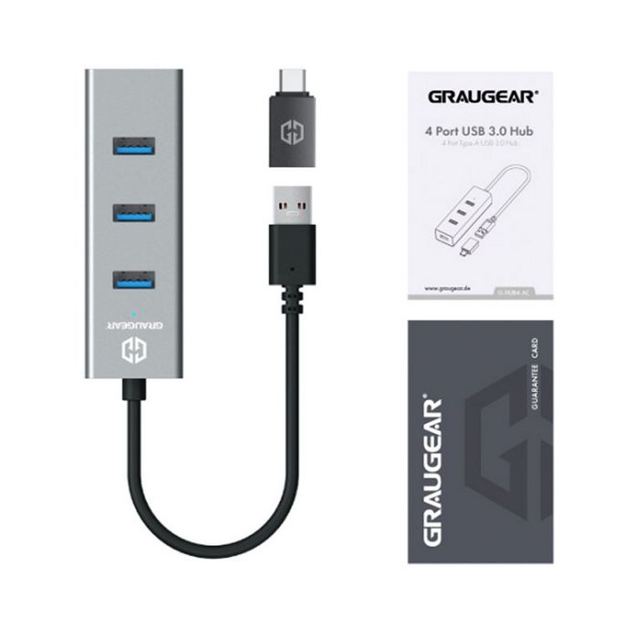 Graugear USB-HUB, 4 Ports, inkl. USB-C-Adapter G-HUB4-AC