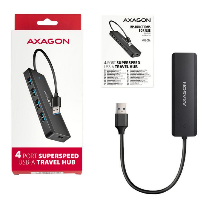 AXAGON HUE-C1A Superspeed USB-A Travel Hub, 4x USB 3.0 - 20cm, schwarz HUE-C1A