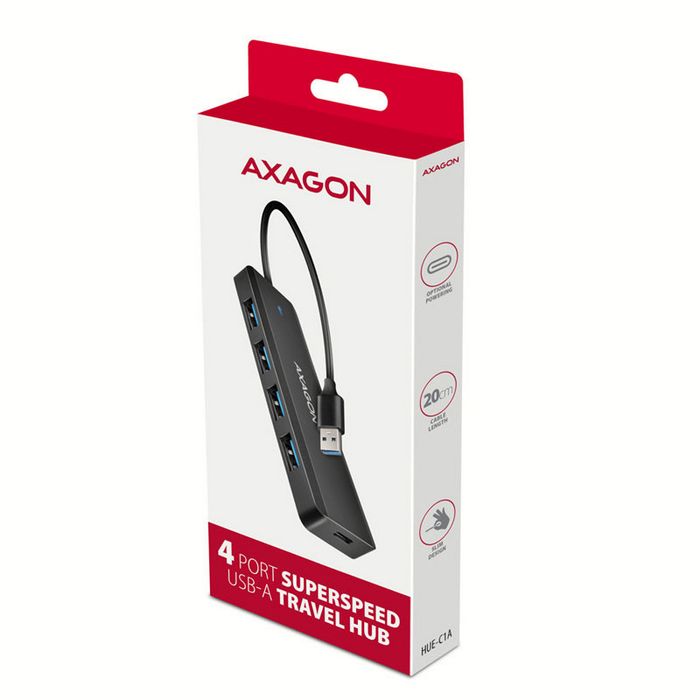 AXAGON HUE-C1A Superspeed USB-A Travel Hub, 4x USB 3.0 - 20cm, schwarz HUE-C1A