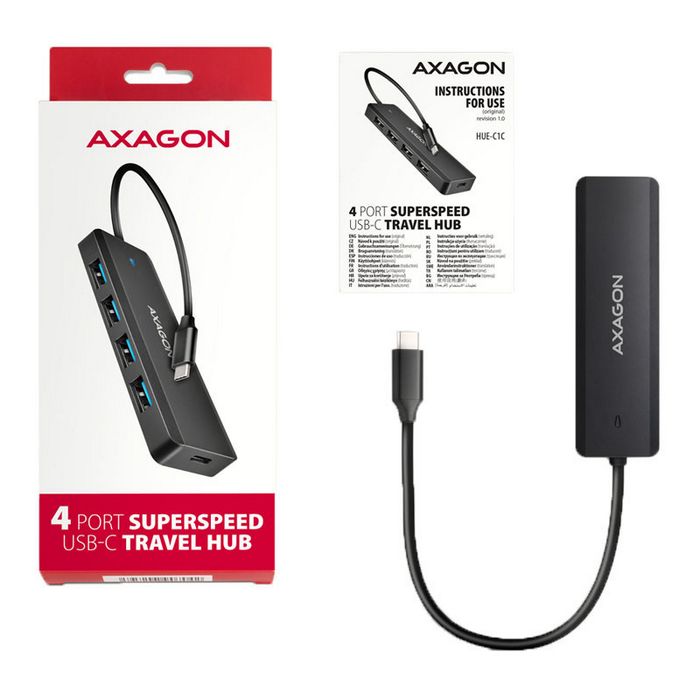 AXAGON HUE-C1C Superspeed USB-C Travel Hub, 4x USB 3.0 - 20cm, schwarz HUE-C1C