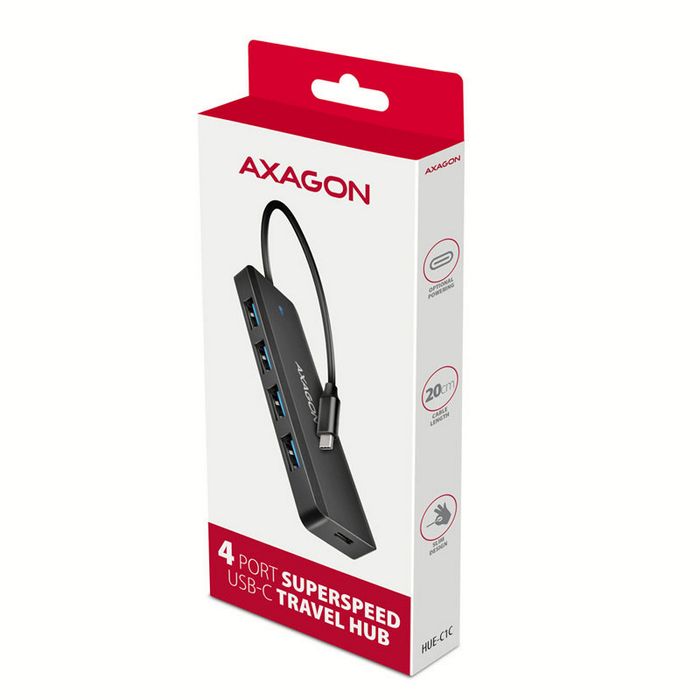 AXAGON HUE-C1C Superspeed USB-C Travel Hub, 4x USB 3.0 - 20cm, schwarz HUE-C1C
