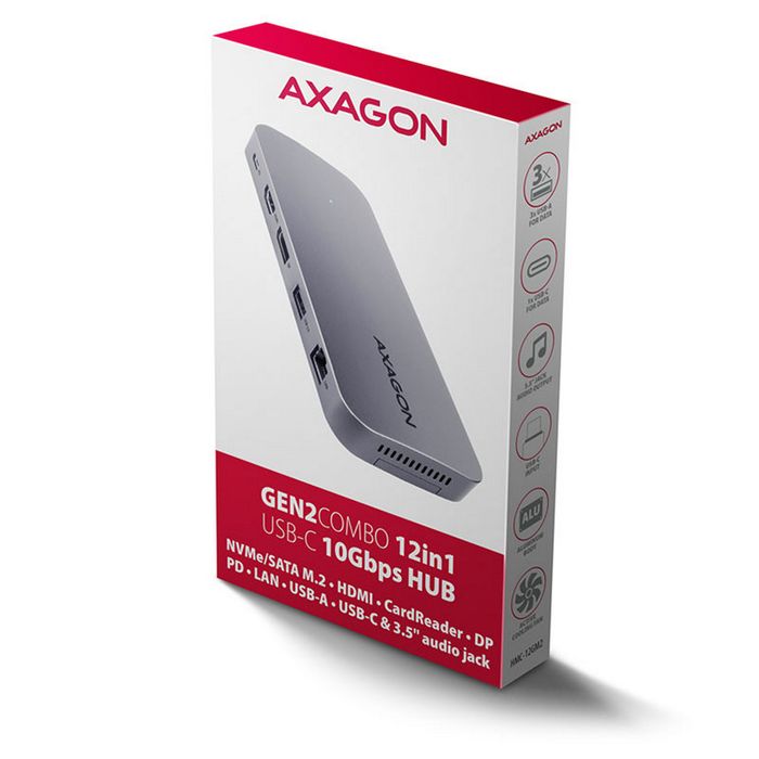 AXAGON HMC-12GM2 Multiport-Hub, USB-C 3.1, M.2-NVMe/SATA, DP + HDMI, Gbit-LAN, 3x USB-A, 1x USB-C, C HMC-12GM2