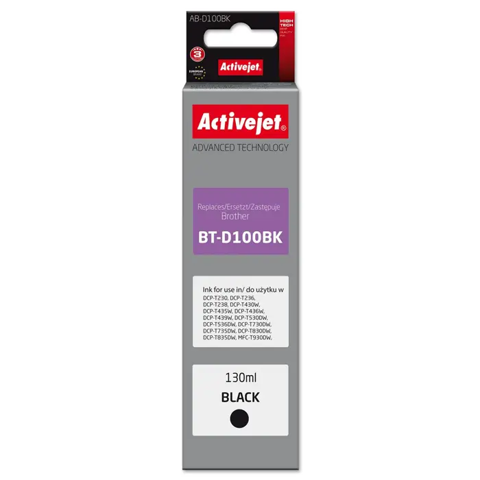 Activejet AB-D100Bk Ink cartridge for Brother printers, replacement for Brother BT-D100BK; Supreme; 130 ml; black