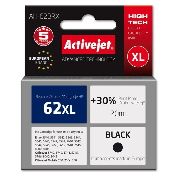 Activejet AH-62BRX ink (replacement for HP 62XL C2P05AE; Premium; 20 ml; black)