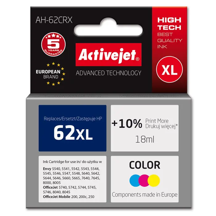 Activejet AH-62CRX ink (replacement for HP 62XL C2P07AE; Premium; 18 ml; color)