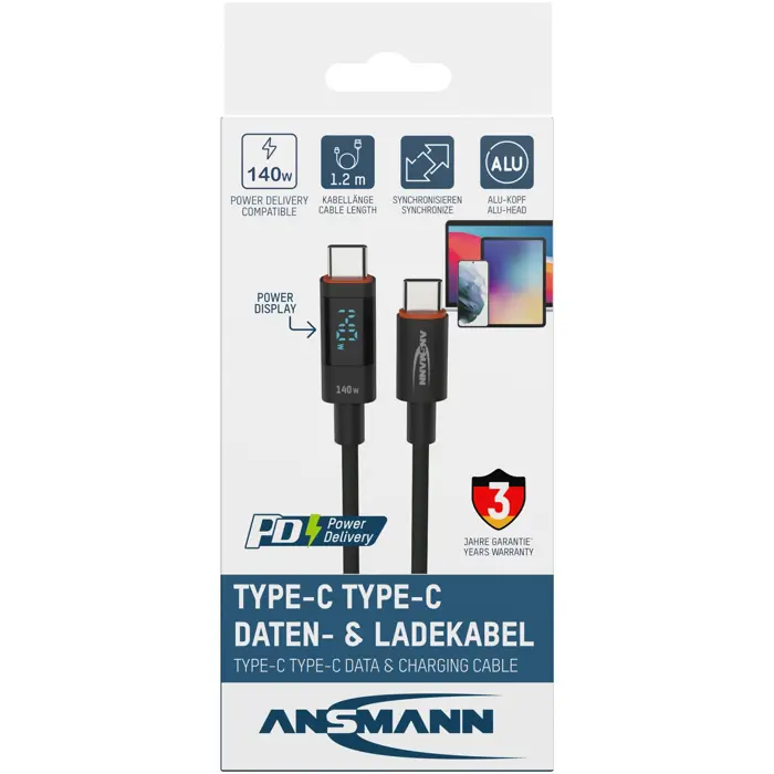 Ansmann USB 2.0 cable, USB-C plug > USB-C plug (anthracite, 1.2 meters, PD 3.1, charging with up to 140 watts, sleeved, integrated LED display)