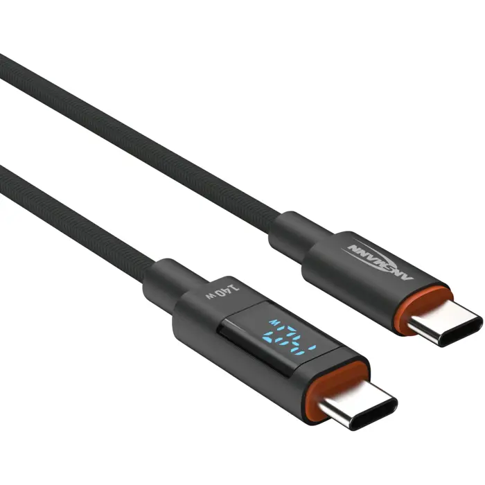 Ansmann USB 2.0 cable, USB-C plug > USB-C plug (anthracite, 1.2 meters, PD 3.1, charging with up to 140 watts, sleeved, integrated LED display)