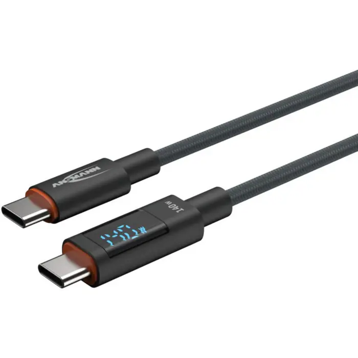 Ansmann USB 2.0 cable, USB-C plug > USB-C plug (anthracite, 2.0 meters, PD 3.1, charging with up to 140 watts, sleeved, integrated LED display)