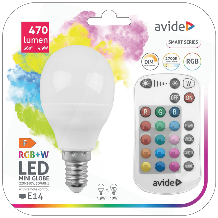 Avide Pametna sijalica, LED 4.9W, E14, RGB+W, 2700K, daljinski - Smart LED Mini Globe 4.9W