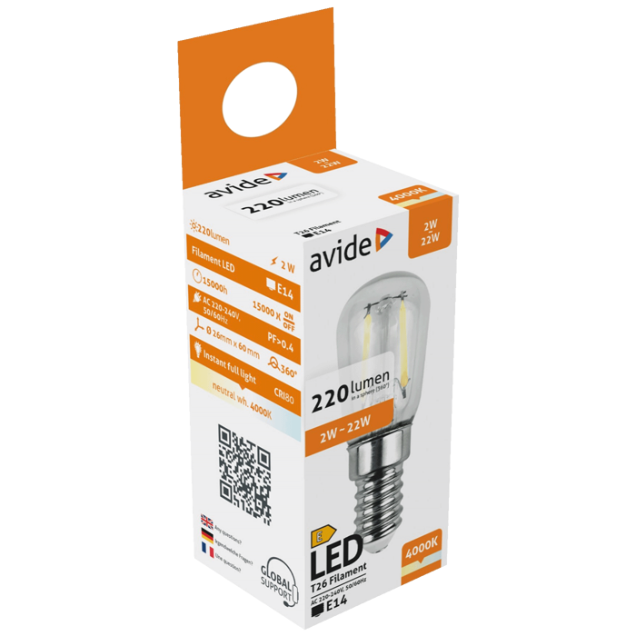 Avide Žarulja, LED 2W, E14, 4000K, 230V AC, bijela svjetlost - Filament T26 2W E14