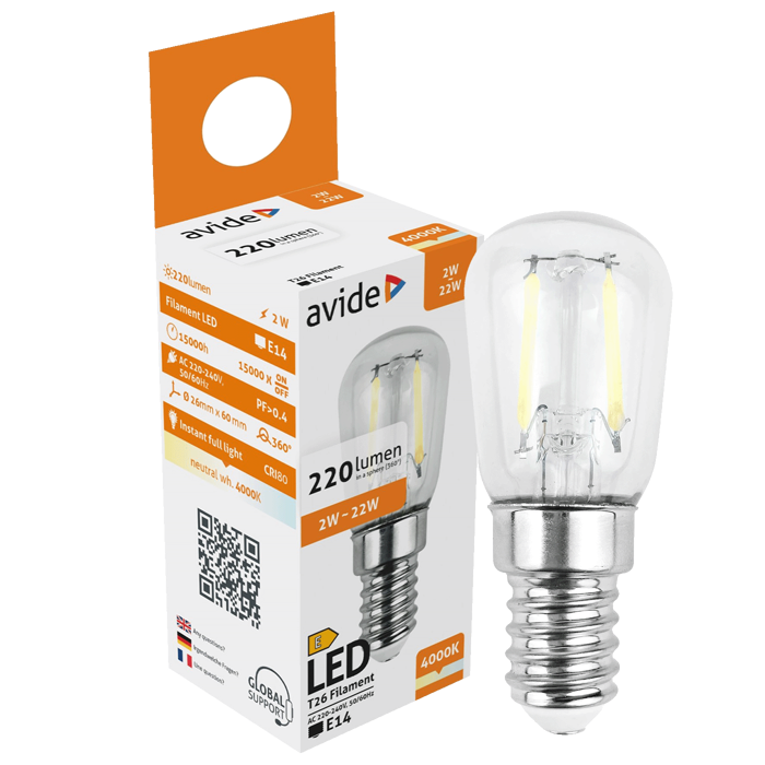 Avide Žarulja, LED 2W, E14, 4000K, 230V AC, bijela svjetlost - Filament T26 2W E14