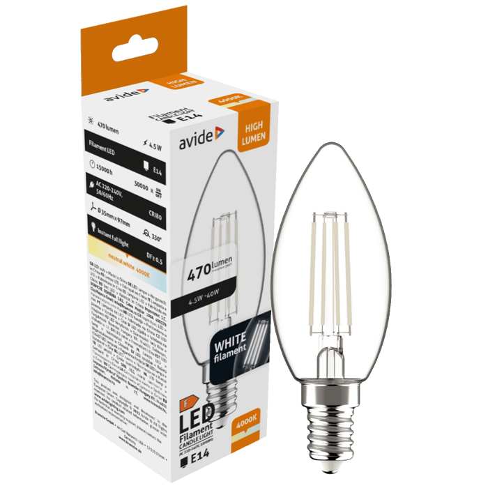 Avide Žarulja, LED 4.5W, E14, 4000K, 230V AC, bijela svjetlost - White Filament Candle 4.5W E14