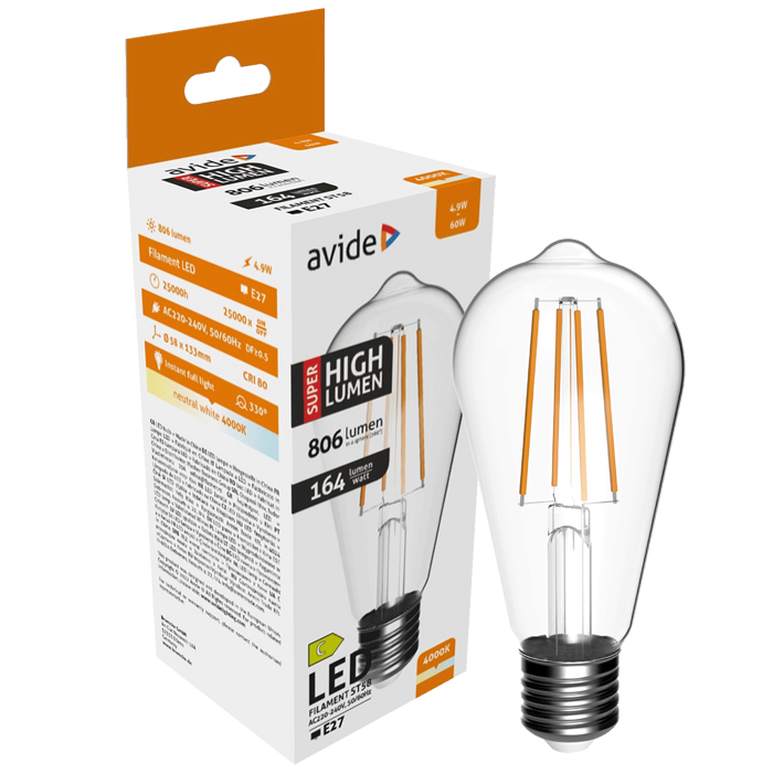 Avide Žarulja, LED 4.9W, E27, 4000K, 230V AC, bijela svjetlost - Filament ST58 4.9W E27
