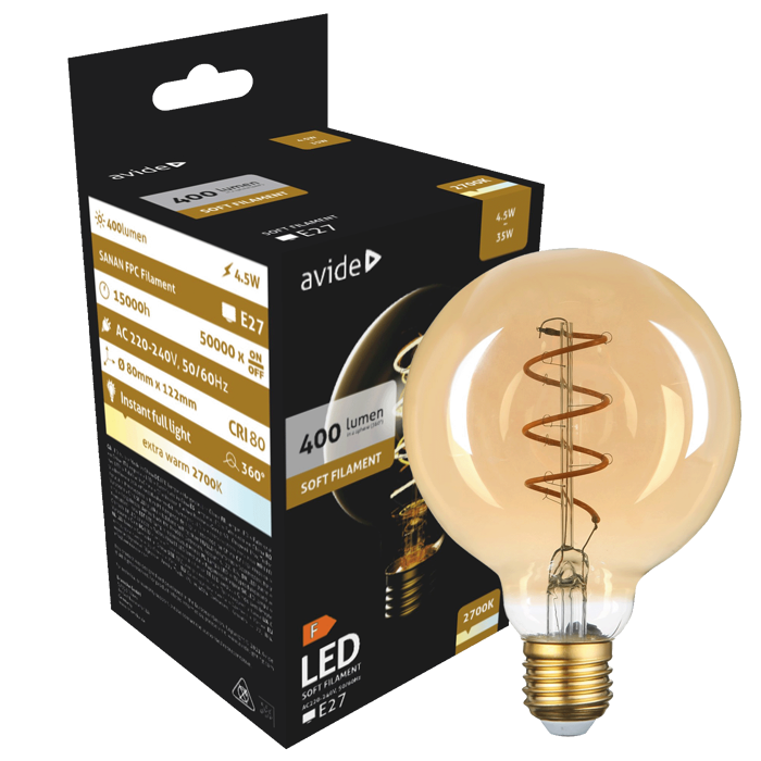 Avide Žarulja,LED,4.5W,E14,2700K,230V AC,topla bijela svjetlost - Soft Filament G80 4.5W E27