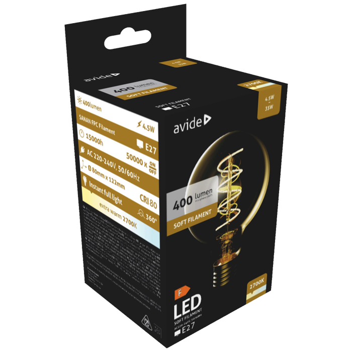 Avide Žarulja,LED,4.5W,E14,2700K,230V AC,topla bijela svjetlost - Soft Filament G80 4.5W E27