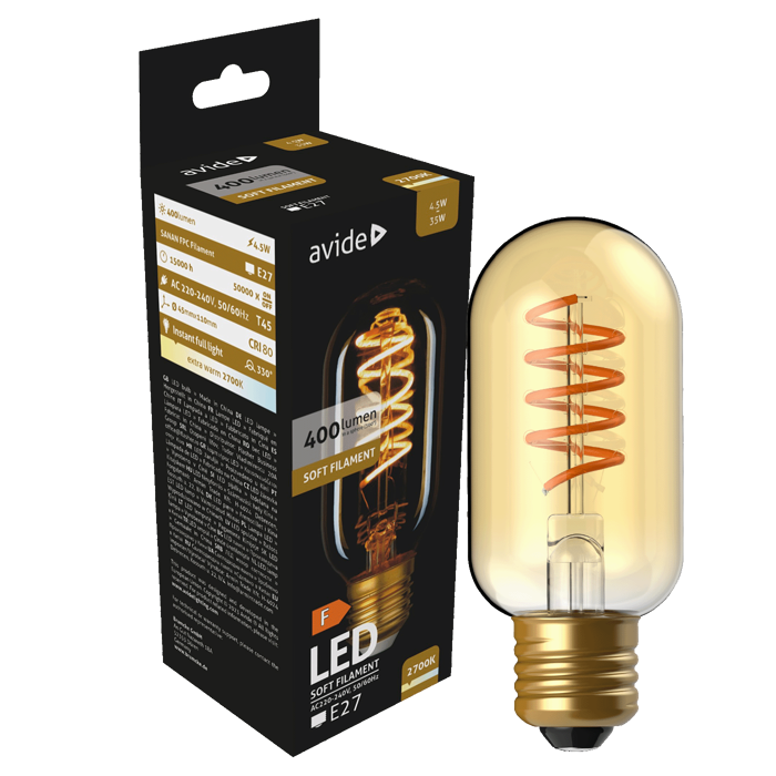 Avide Žarulja,LED,4.5W,E27,2700K,230V AC,topla bijela svjetlost - Soft Filament T45 4.5W E27