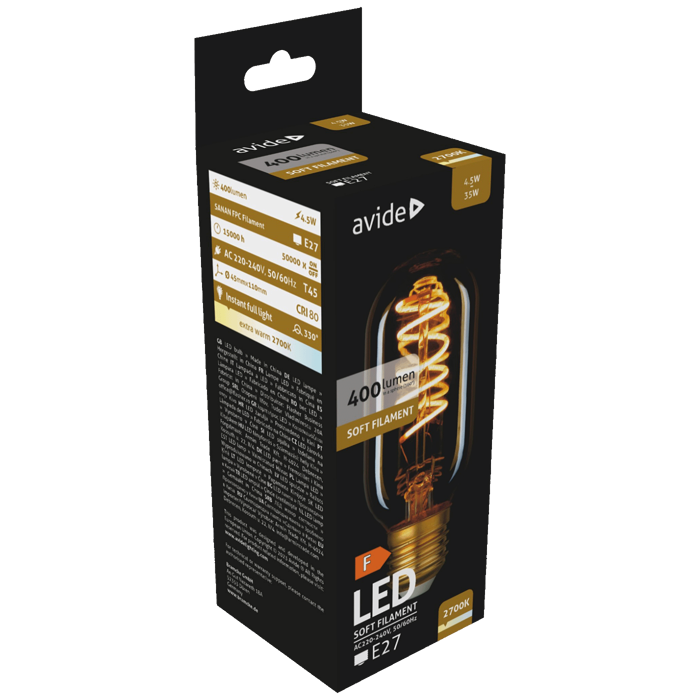 Avide Žarulja,LED,4.5W,E27,2700K,230V AC,topla bijela svjetlost - Soft Filament T45 4.5W E27